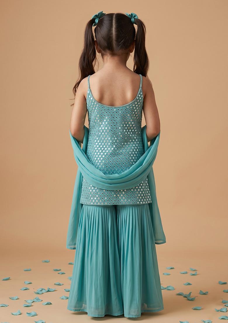 Pastel Blue Embroidered Crepe Sharara Set For Girls - Indya
