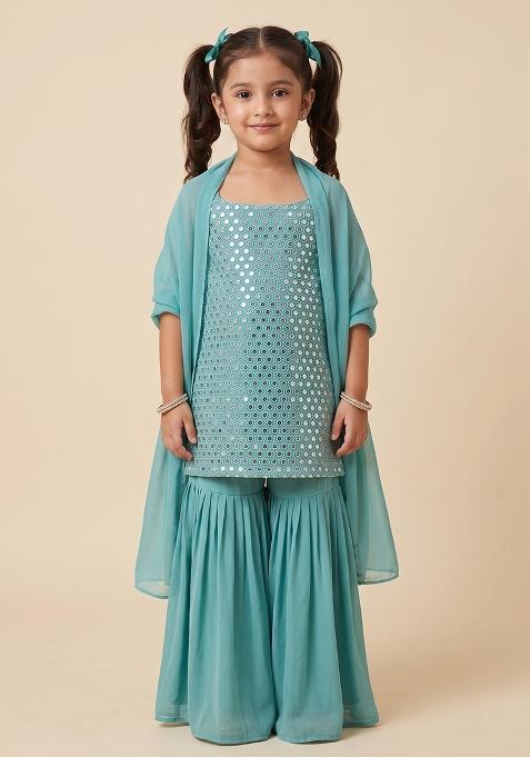 Pastel Blue Embroidered Crepe Sharara Set For Girls