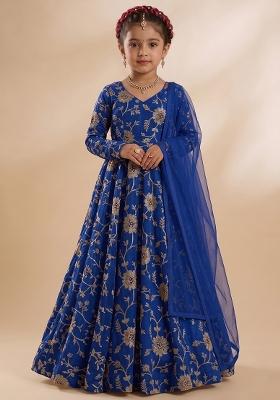 Royal Blue Chanderi Anarkali With Dupatta For Girls