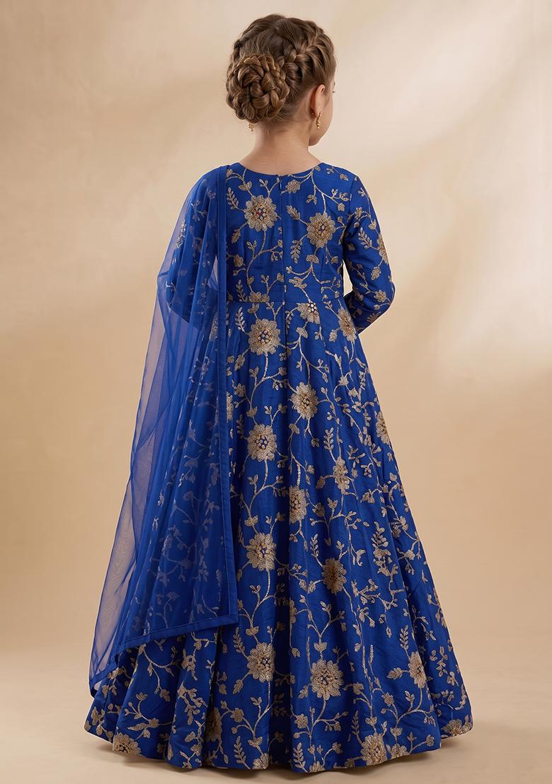 Royal Blue Chanderi Anarkali With Dupatta For Girls - Indya