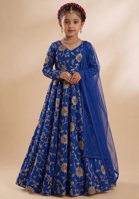 Royal Blue Chanderi Anarkali With Dupatta For Girls — view on Indya