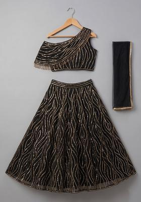 Black Sequin Embroidered Net Lehenga Set For Girls