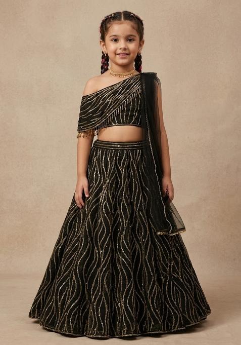 Black Sequin Embroidered Net Lehenga Set For Girls — view on Indya
