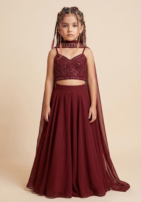 Maroon Embellished Blouse Georgette Lehenga Set For Girls — view on Indya