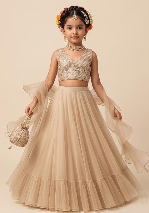 Cream Sequin Embellished Blouse Georgette Lehenga Set For Girls — view on Indya