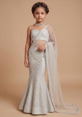 Grey Sequin Net Fusion Set For Girls