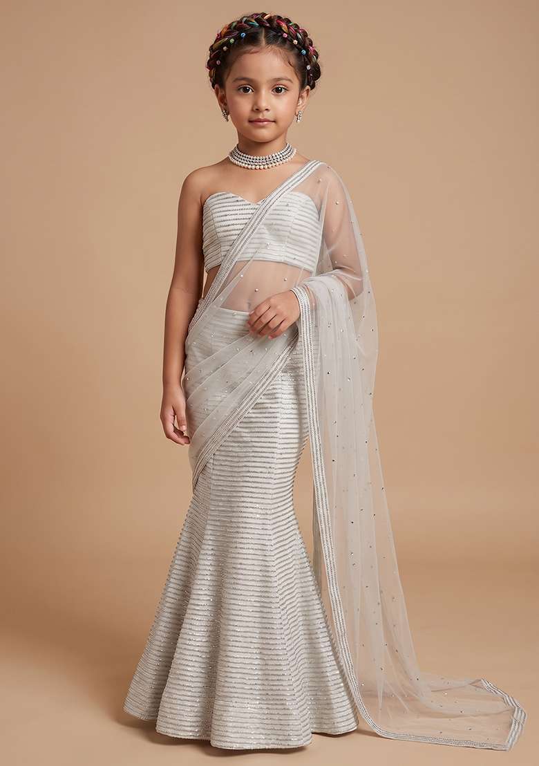 Grey Sequin Net Fusion Set For Girls - Indya