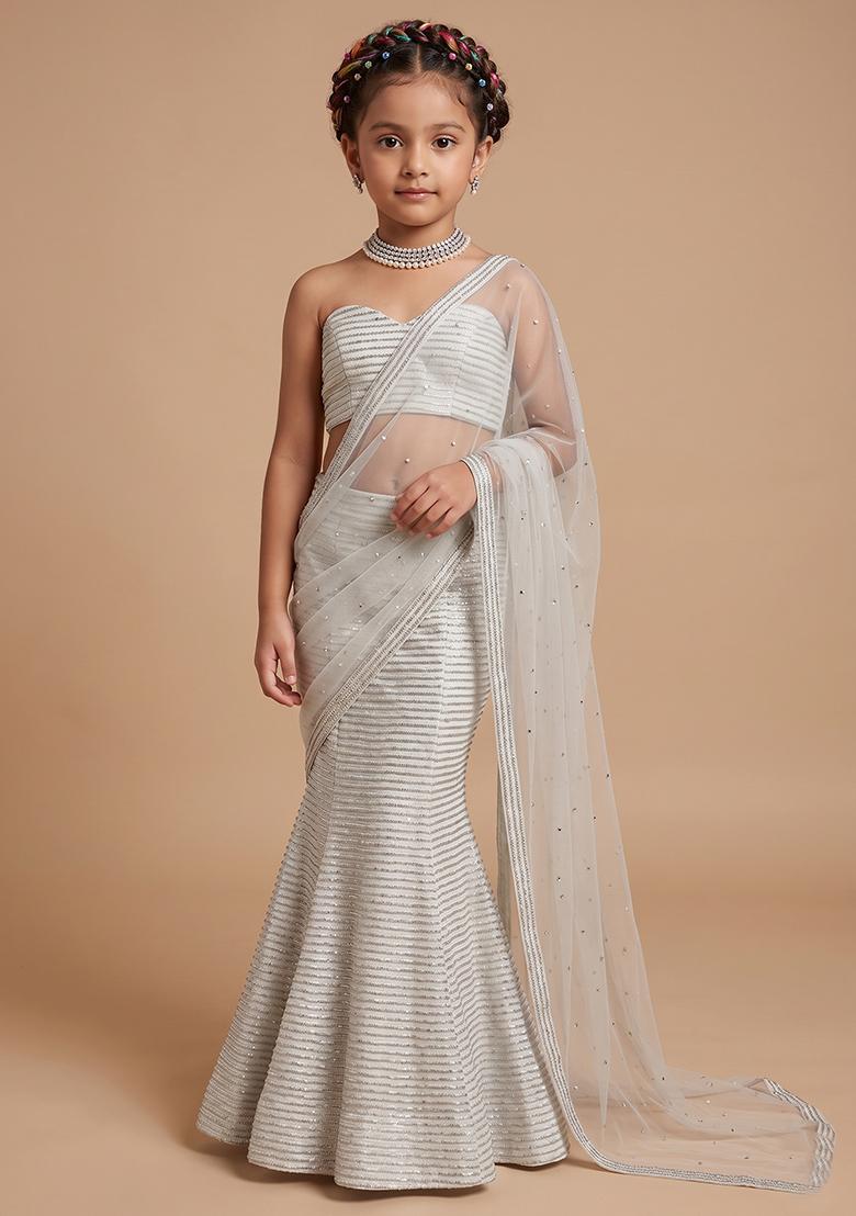 Grey Sequin Net Fusion Set For Girls - Indya