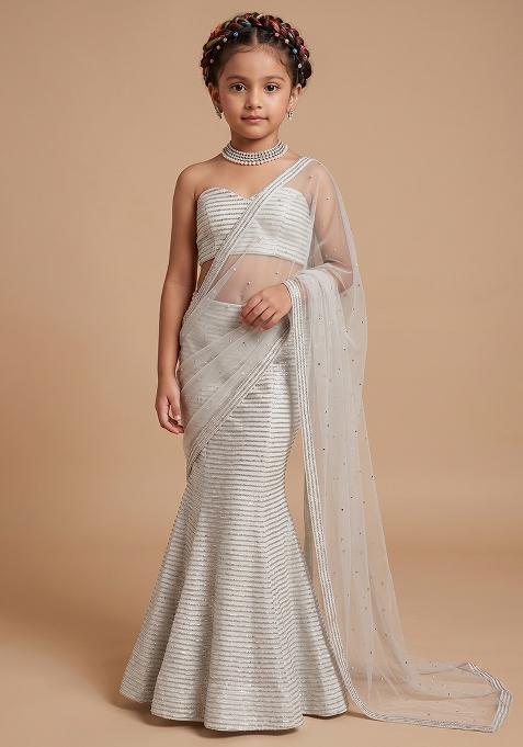 Grey Sequin Net Fusion Set For Girls — view on Indya