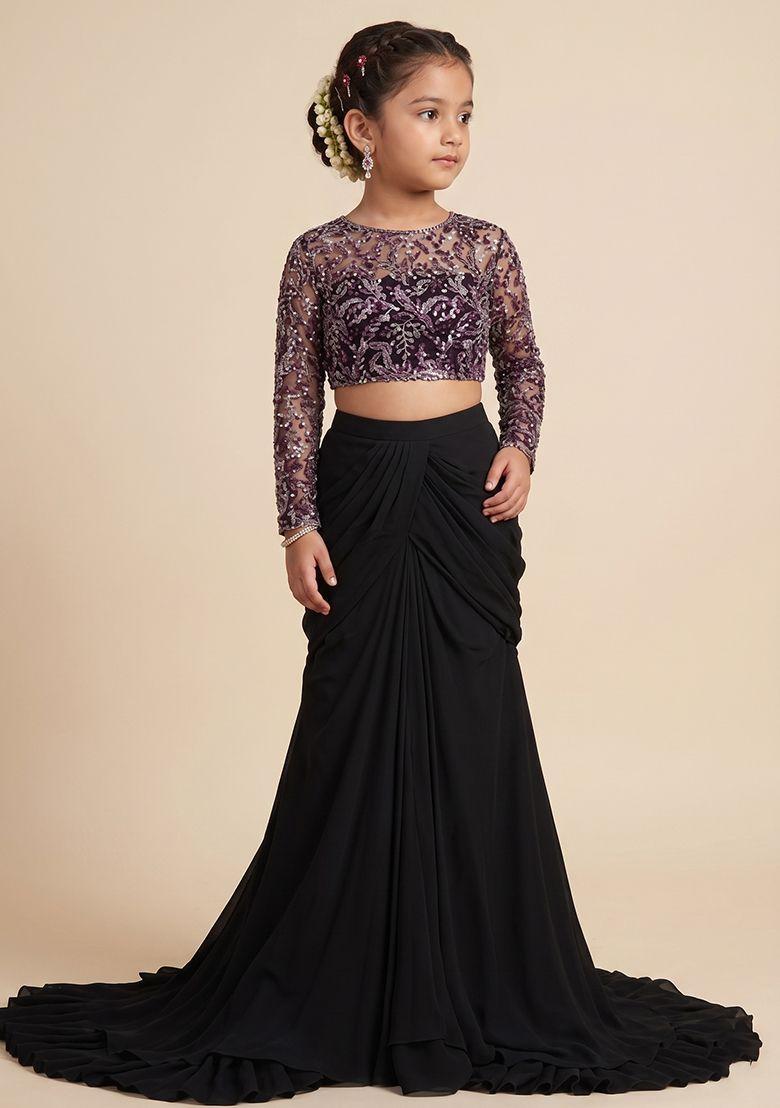 Black Embellished Net Lehenga Set For Girls - Indya