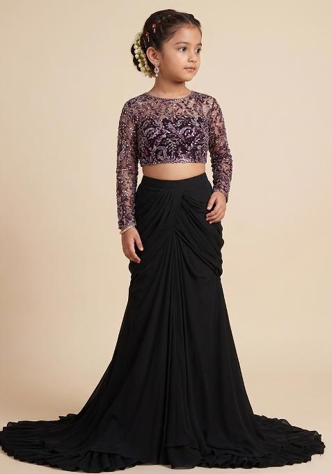 Black Embellished Net Lehenga Set For Girls — view on Indya