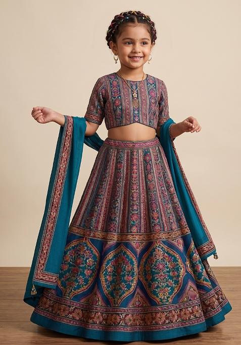 Purple Printed Brocade Lehenga Set For Girls — view on Indya