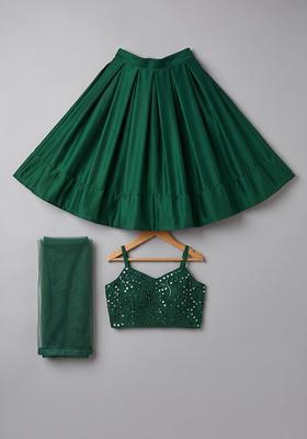Green Sequin Net Lehenga Set For Girls