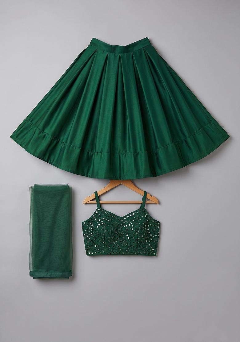 Green Sequin Net Lehenga Set For Girls - Indya