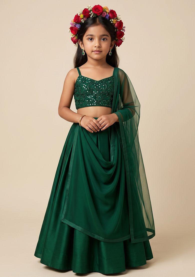 Green Sequin Net Lehenga Set For Girls - Indya