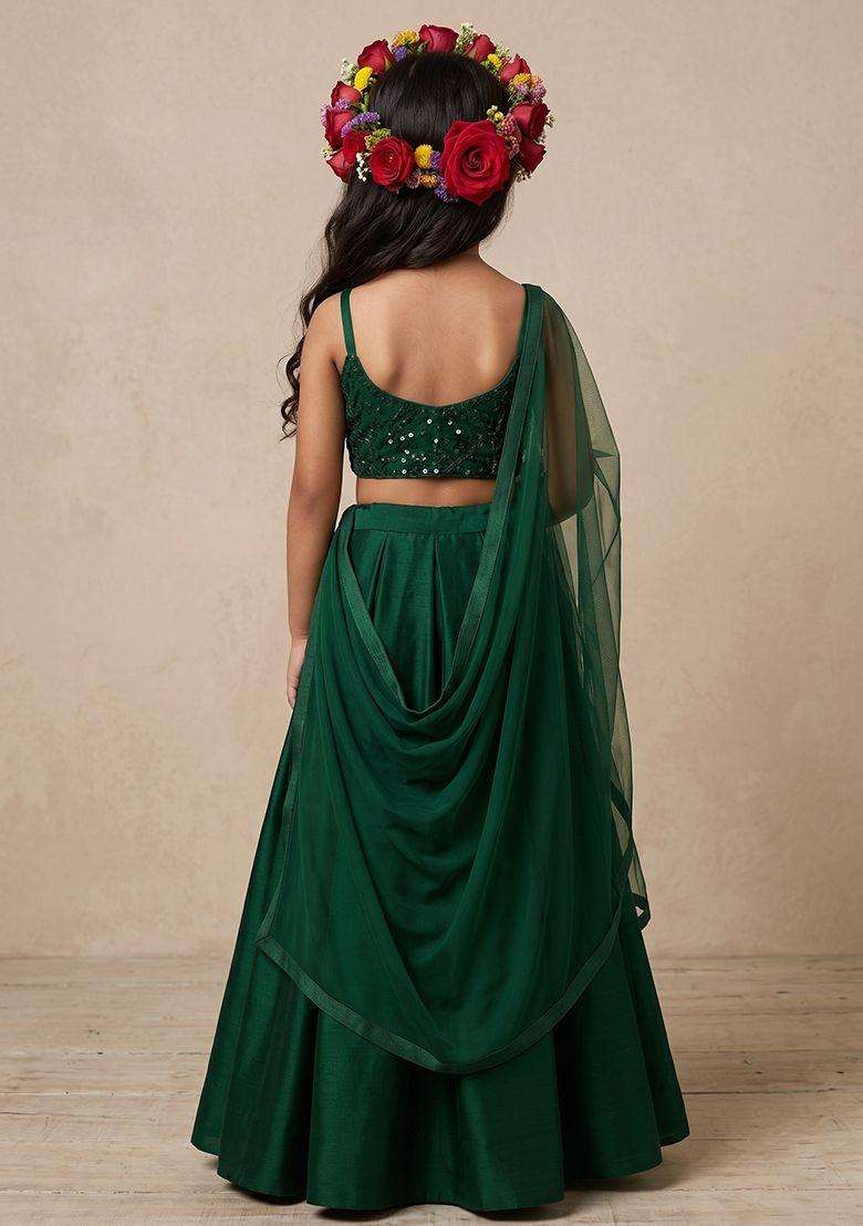 Green Sequin Net Lehenga Set For Girls - Indya