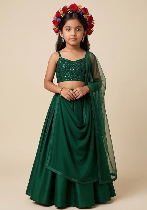Green Sequin Net Lehenga Set For Girls — view on Indya