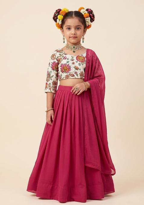 Pink Floral Print Georgette Lehenga Set For Girls — view on Indya