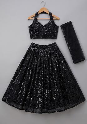 Black Sequin Net Lehenga Set For Girls