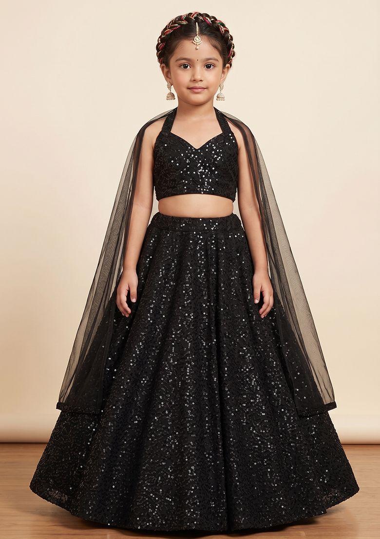 Black Sequin Net Lehenga Set For Girls - Indya