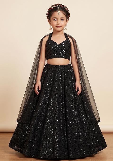 Black Sequin Net Lehenga Set For Girls — view on Indya