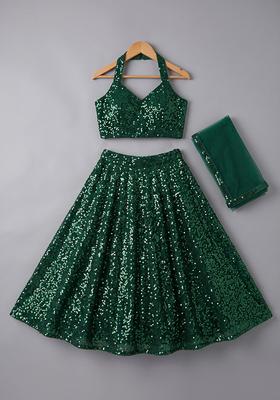 Dark Green Sequin Net Lehenga Set For Girls