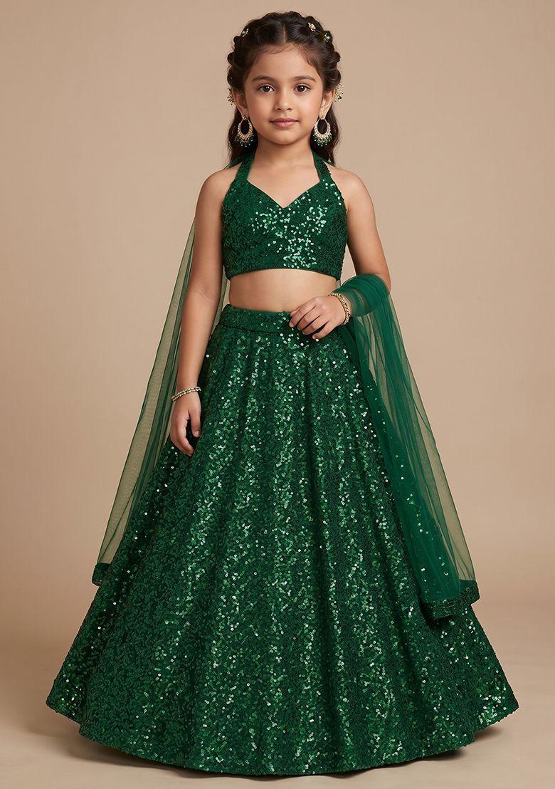 Dark Green Sequin Net Lehenga Set For Girls - Indya