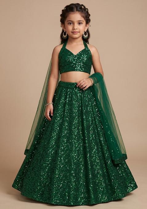 Dark Green Sequin Net Lehenga Set For Girls — view on Indya