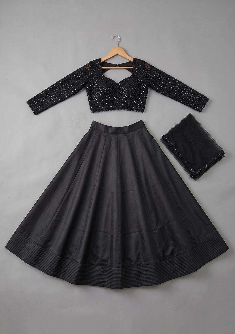 Black Sequin Net Lehenga Set For Girls - Indya