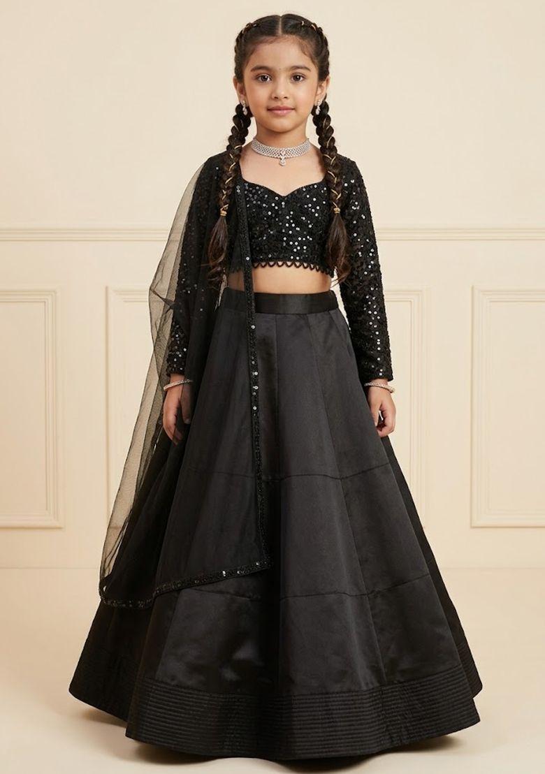 Black Sequin Net Lehenga Set For Girls - Indya