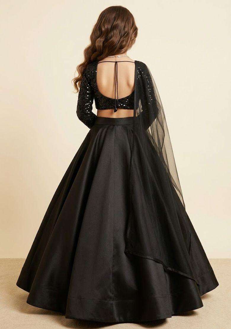 Black Sequin Net Lehenga Set For Girls - Indya