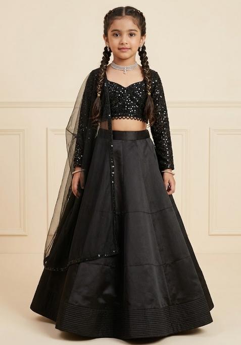 Black Sequin Net Lehenga Set For Girls — view on Indya