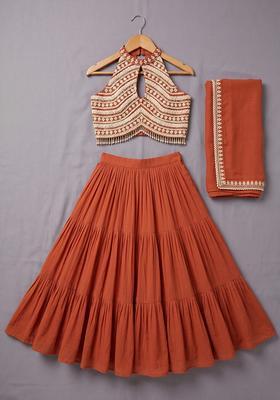 Rust Handwork Goergette Lehenga Set For Girls