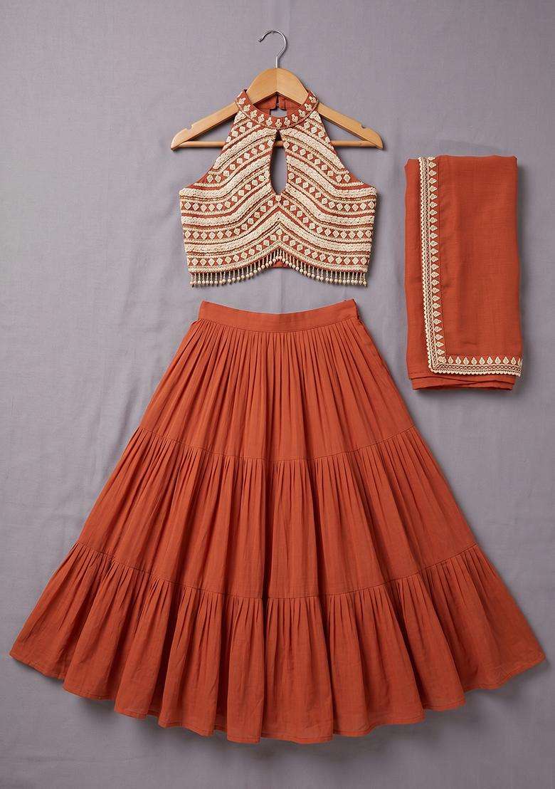 Rust Handwork Goergette Lehenga Set For Girls - Indya