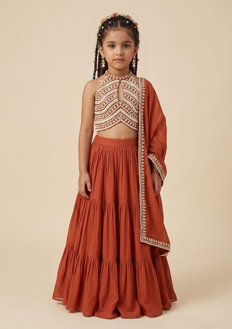 Rust Handwork Goergette Lehenga Set For Girls - Indya