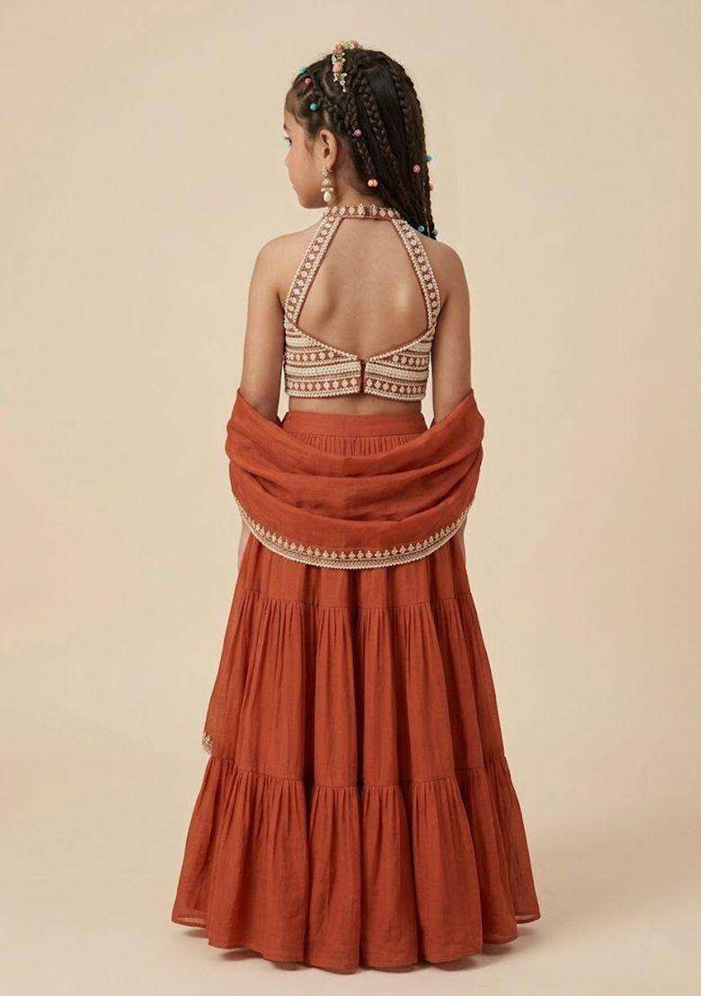 Rust Handwork Goergette Lehenga Set For Girls - Indya