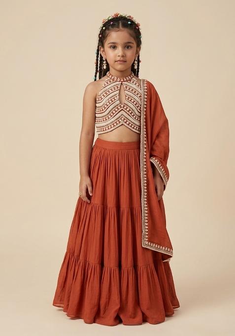 Rust Handwork Goergette Lehenga Set For Girls — view on Indya