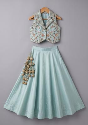 Mint Green Crepe Embroidered Handwork Lehenga Set For Girls