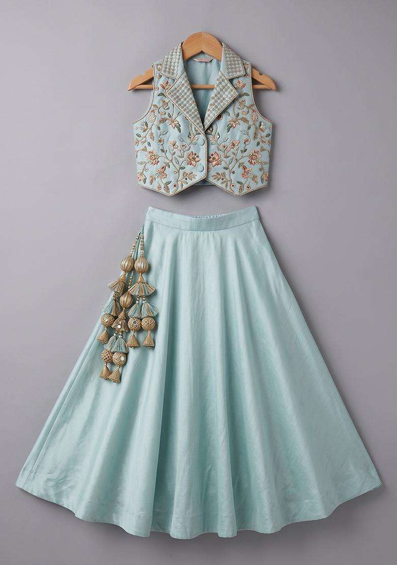 Mint Green Crepe Embroidered Handwork Lehenga Set For Girls - Indya