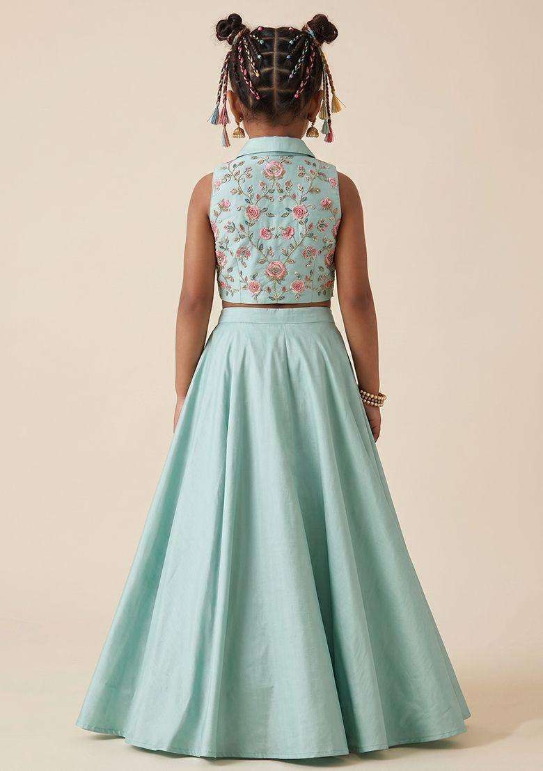 Mint Green Crepe Embroidered Handwork Lehenga Set For Girls - Indya