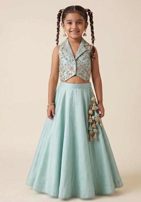 Mint Green Crepe Embroidered Handwork Lehenga Set For Girls — view on Indya