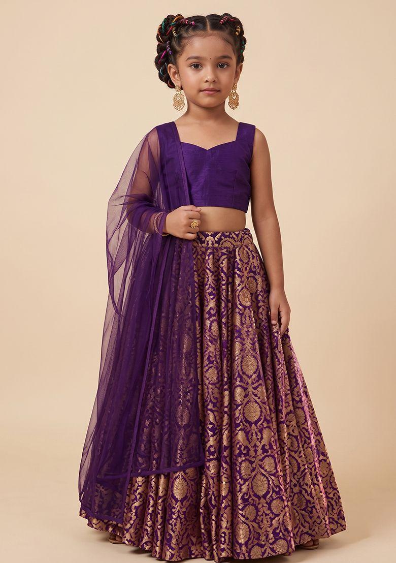 Purple Silk Lehenga Set For Girls - Indya
