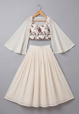 Off White Embroidered Crepe Lehenga Set For Girls