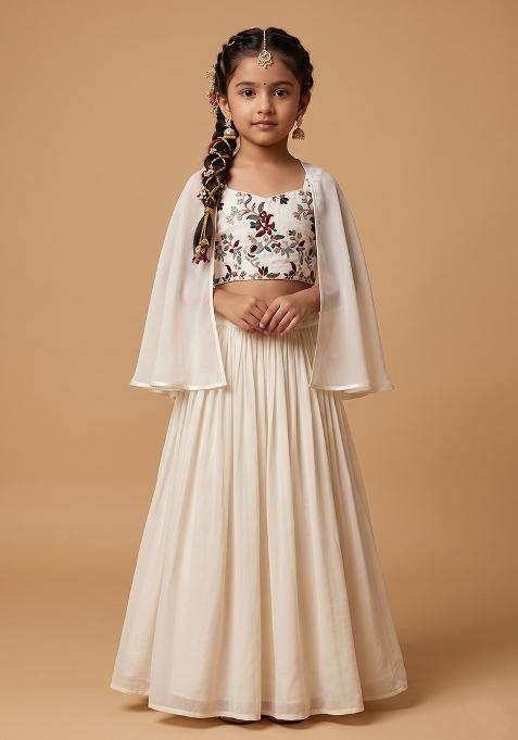 Off White Embroidered Crepe Lehenga Set For Girls