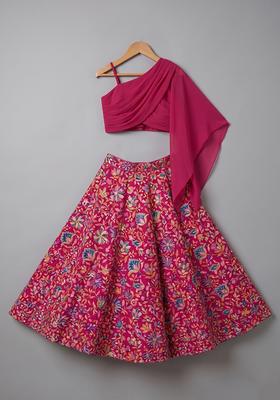 Rani Pink Floral Print Chinon Lehenga Set For Girls