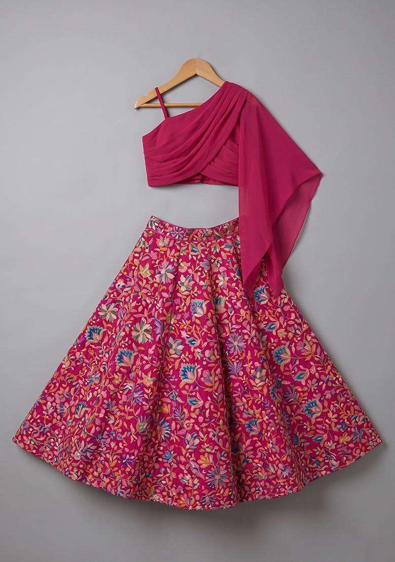 Rani Pink Floral Print Chinon Lehenga Set For Girls - Indya