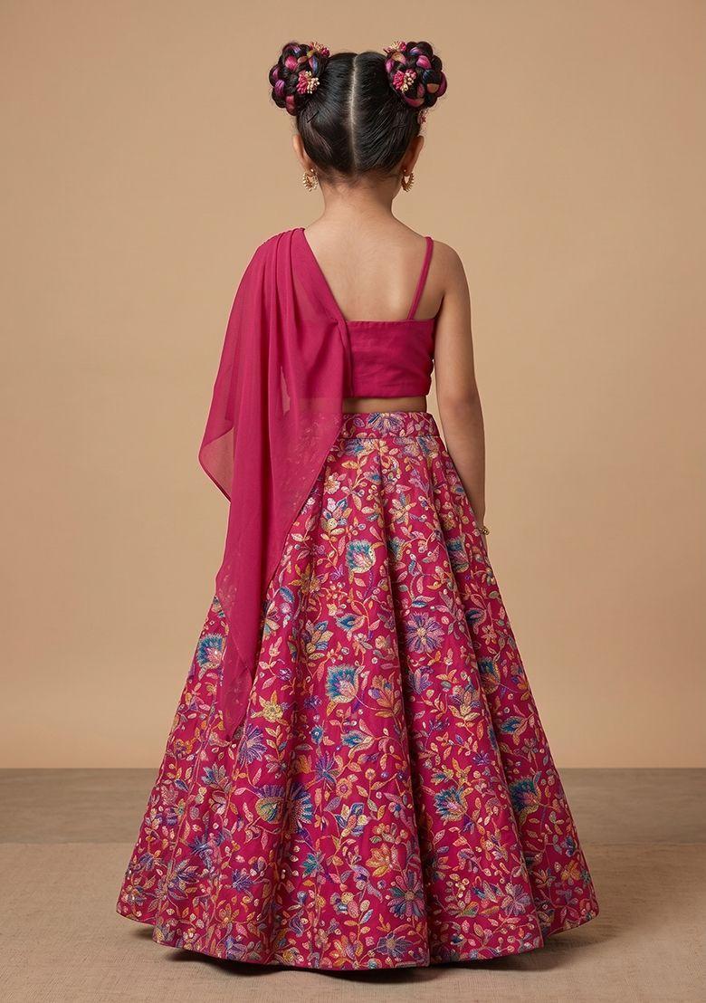Rani Pink Floral Print Chinon Lehenga Set For Girls - Indya