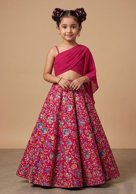 Rani Pink Floral Print Chinon Lehenga Set For Girls — view on Indya