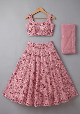 Dusty Pink Embroidered Net Lehenga Set For Girls