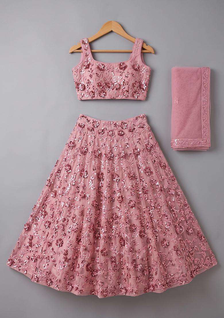 Dusty Pink Embroidered Net Lehenga Set For Girls - Indya